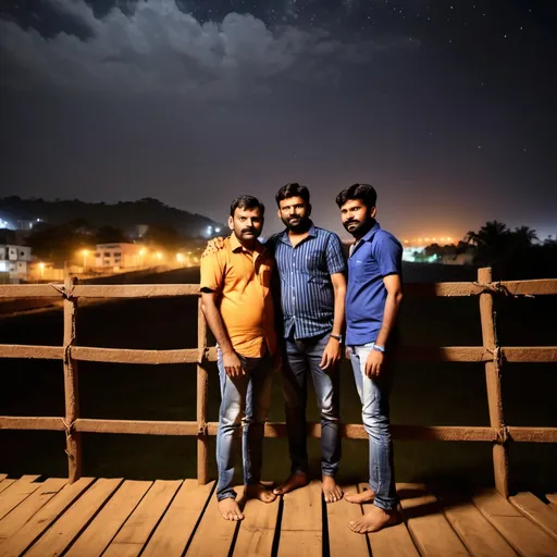 Prompt: two men standing on a wooden floor next to a fence at night with lights on the buildings in the background, Bholekar Srihari, samikshavad, 150mp, a picture