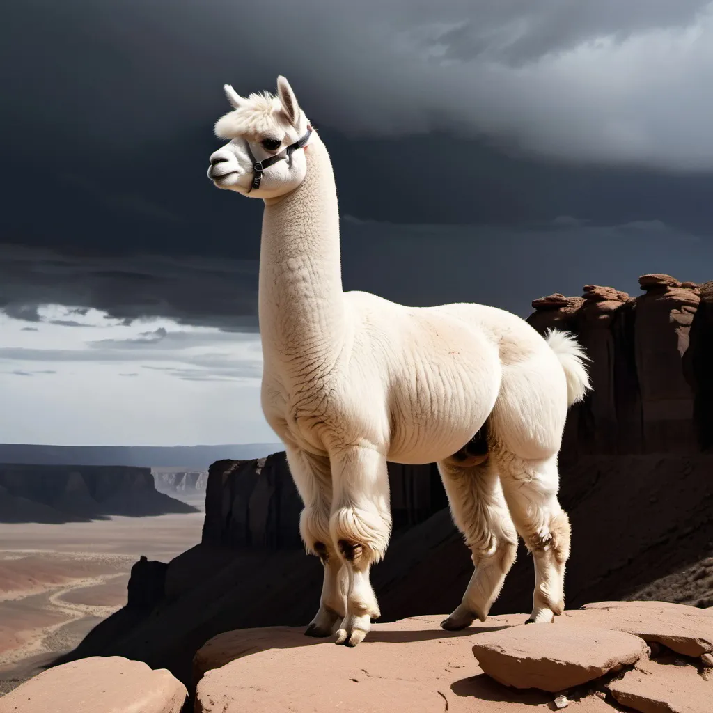 Prompt: a heroic white alpaca shown in full body profile looking over a cliff into an empty desert with a foreboding sky, ears pointed forward, dark colors, science-fiction, pulp style