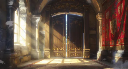 Prompt: In a brightly lit medieval castle, a brightly lit hallway with sunlight streaming in.  At the end of the corridor stands an imposing set of double doors, their dark wood gleaming with polished accents. A rich tapestry hangs nearby, adding vibrant splashes of color and heraldic symbols that tell tales of long-forgotten battles. The air is heavy with the scent of aged wood and leather, while the distant sound of a soft breeze whispers through the unseen cracks in the stone. In anime style, the focus is on the doors.