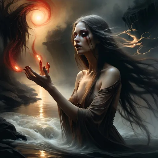 Prompt: Surrealistic dark fantasy art. Close-up medium shot. A nue woman with flowing long hair reaching out to touch River Styx, a dark shrouded figure in the background. Warm golden light. Eerie dark shadows. "Mysterious swirling smoke". "Glowing red eyes in the darkness". " Woman's hair flows like the river". Luis Royo, H.R. Giger, Gustave Doré, dark mystical atmosphere, best quality, incredibly detailed, surreal beauty, eerie landscapes.