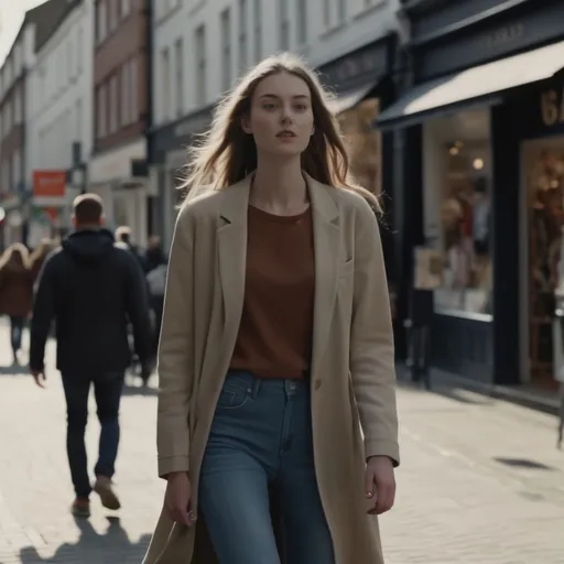 Prompt: video of a Tall young woman walking down the high street, detailed clothing, realistic, natural lighting