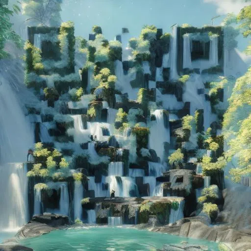 Prompt: an epic makoto shinkai and renoir landscape with a waterfall, ink spirals, ultra smooth, octane render