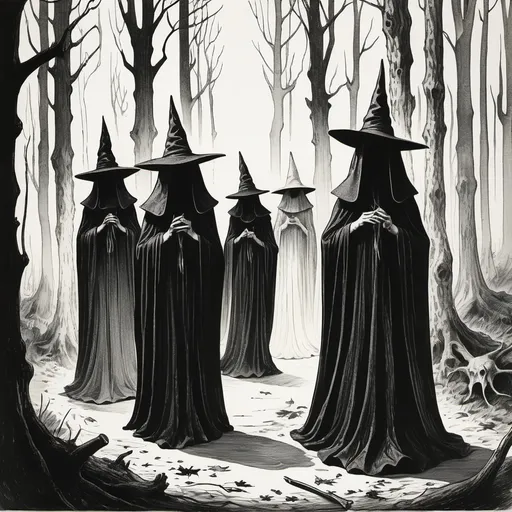 Prompt: A vintage black and white pen and ink illustration of a coven of witches in the forrest. No faces