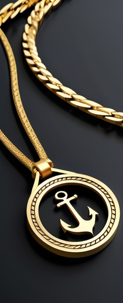 Prompt: a necklace with a Specially designed chain buckle，creative gold color anchor on it and a circular metal ring with engraving around it,  bauhaus, finely detailed, a computer rendering,product photo, a digital rendering,product photo, a digital rendering,an engraving