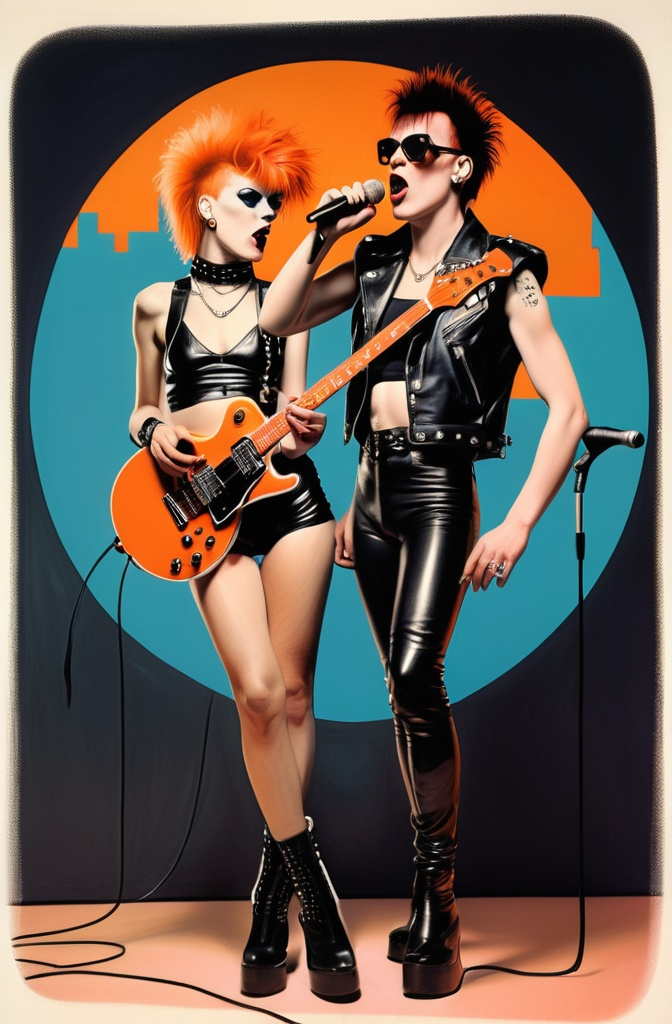 Prompt: Punk 80s pop art style of female punk with orange hair, leather crop top and leather shorts, playing an orange gretch hollow body guitar, standing beside a male with black shorter hair, with the likes of lux interior from the band the cramps, holding a only a microphone singing and leaning into the female