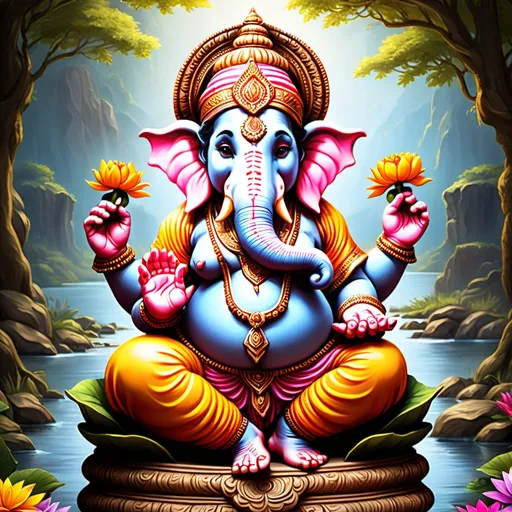 Prompt: Create a stunning image of Lord Ganesha, adorned with vibrant colors and intricate details. His trunk should be curled upwards, holding a modaka, and his eyes should be filled with wisdom and compassion. He should be seated on a lotus pedestal, surrounded by colorful flowers and offerings. The background should be a peaceful, serene scene, perhaps with a river or a mountain in the distance.