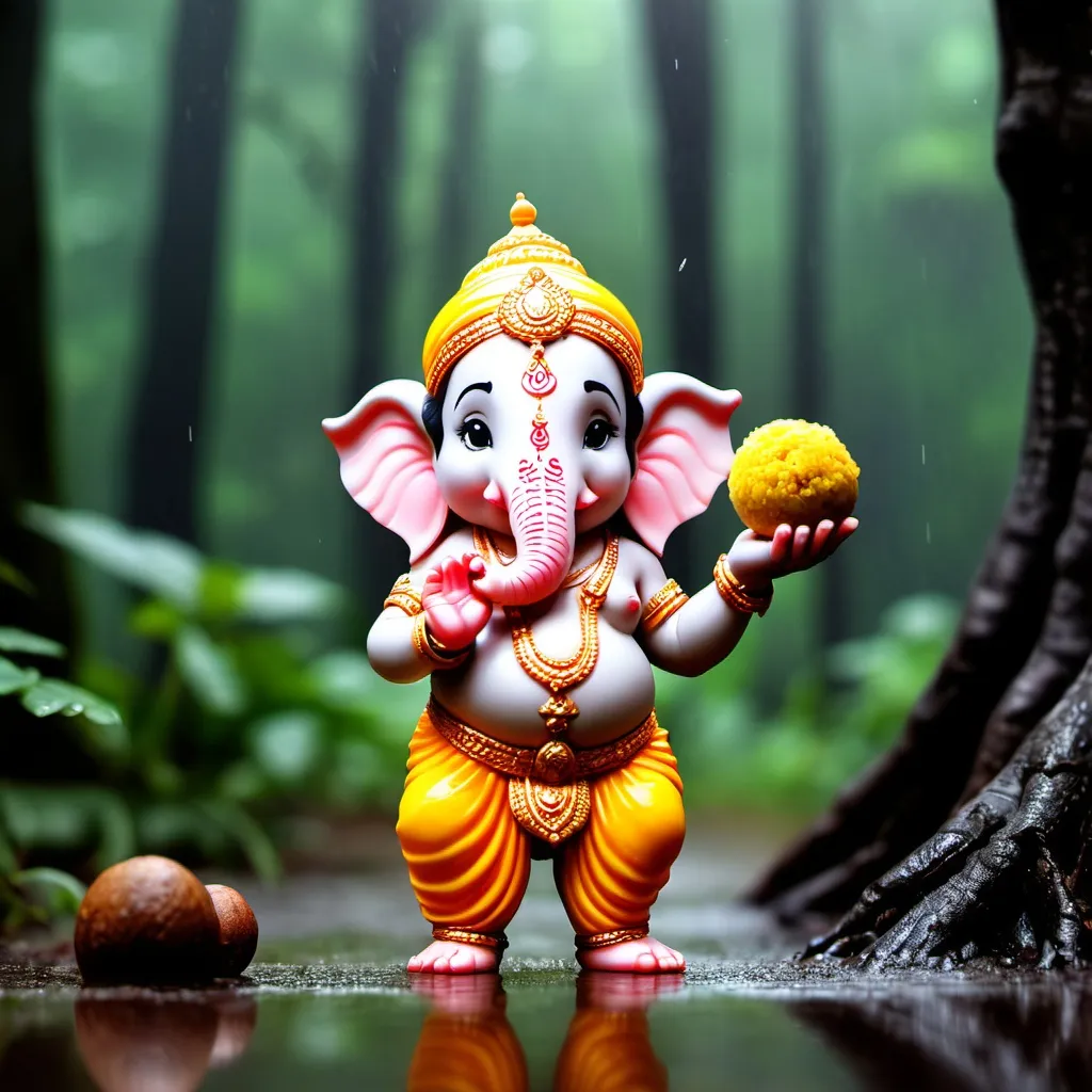 Prompt: little_ganesha_is_standing_in_the_forest_and_it_is_rainy_while_holding_laddu_or_something_small.