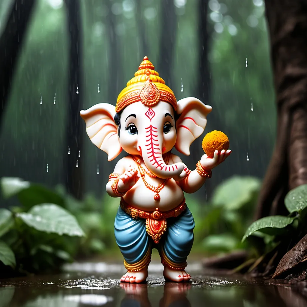 Prompt: little_ganesha_is_standing_in_the_forest_and_it_is_rainy_while_holding_laddu_or_something_small.