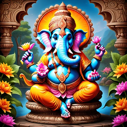 Prompt: Create a stunning image of Lord Ganesha, adorned with vibrant colors and intricate details. His trunk should be curled upwards, holding a modaka, and his eyes should be filled with wisdom and compassion. He should be seated on a lotus pedestal, surrounded by colorful flowers and offerings. The background should be a peaceful, serene scene, perhaps with a river or a mountain in the distance.