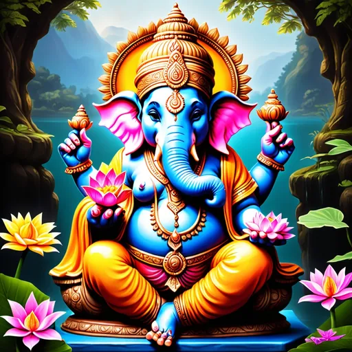 Prompt: Create a stunning image of Lord Ganesha, adorned with vibrant colors and intricate details. His trunk should be curled upwards, holding a modaka, and his eyes should be filled with wisdom and compassion. He should be seated on a lotus pedestal, surrounded by colorful flowers and offerings. The background should be a peaceful, serene scene, perhaps with a river or a mountain in the distance.