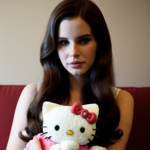 Prompt: lana del rey look a like holding a hello kitty plushie. blurry photo