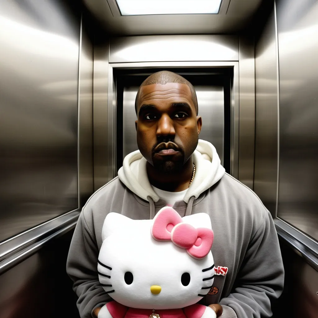 Prompt: kanye west with hello kitty plushie  in a elevator fish eye camera