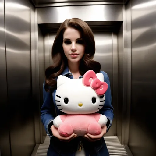 Prompt: Lana del rey holding a hello kitty plushie in an elevator fish eye camera