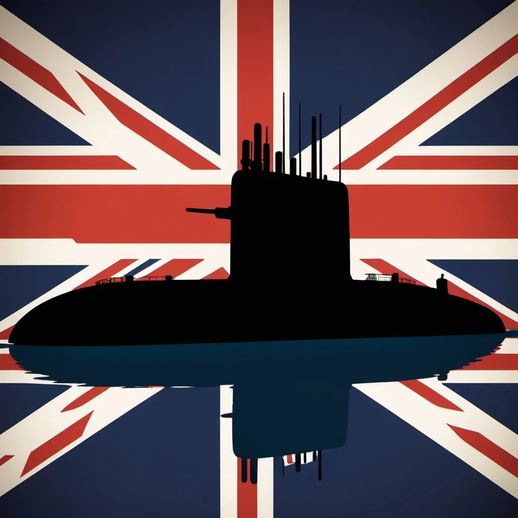 Prompt: a silhouette of a nuclear submarine with a British flag