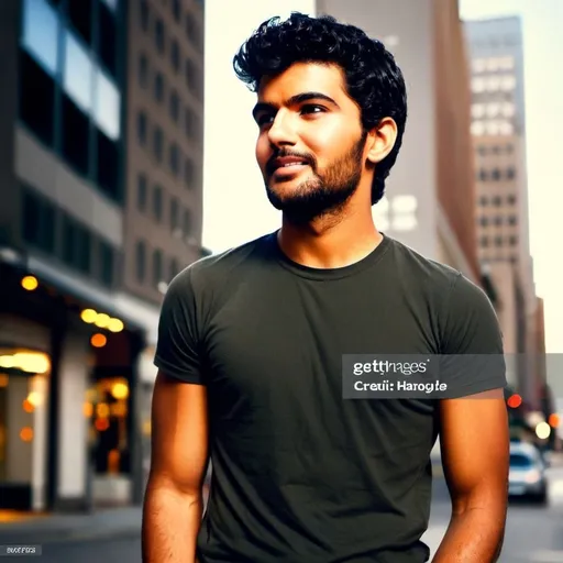 Prompt: A young man with straight black hair styled neatly, wearing a casual outfit with a modern, urban look. He has a confident yet relaxed expression, with warm brown eyes and smooth, slightly tan skin. The background is a city street scene with soft lighting, adding a natural glow to his face. His posture is casual, standing tall with hands in his pockets, exuding an approachable and stylish vibe & open eyes men