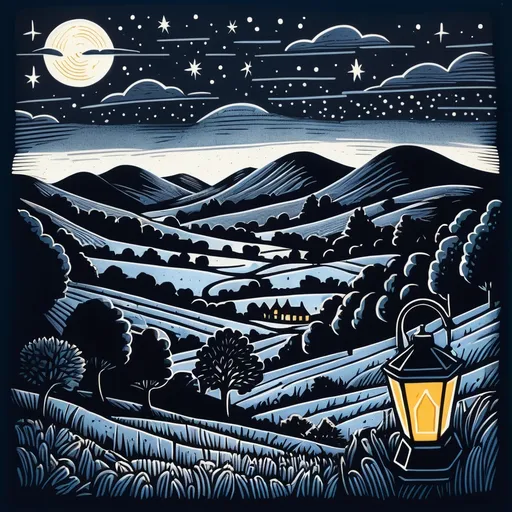 Prompt: A linocut of a nighttime countryside, hill in background has 3 lanterns glowing brightly on the crest of the hill, add stars in the sky