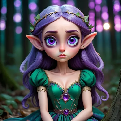 Prompt: fantasy majestic elf sad big eyes, purple dress, illuminated night sky woodland with teal hair, amethyst colored eyes,