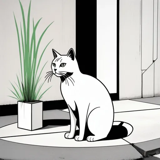 Prompt: abstract expressionism style, (cool color scheme), black and white photograph, white cat with black markings, sitting on concrete pavement, minimalist modern wall, tall abstract black line patterns, circular designs resembling plants or reeds, high contrast, ultra-detailed, artistic depth, immersive atmosphere, intriguing composition, sophisticated aesthetics