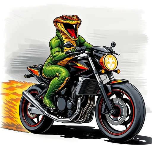 Prompt: a muscle bound cobra snake riding a sports motorcycle fast, some flames from exhaust, album cover,