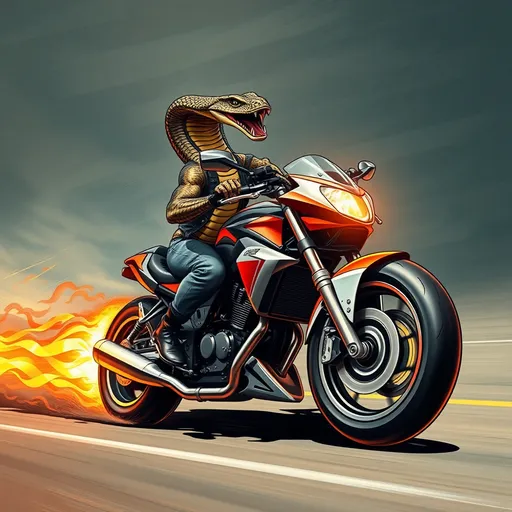 Prompt: a muscle bound cobra snake riding a sports motorcycle fast, some flames from exhaust, album cover,