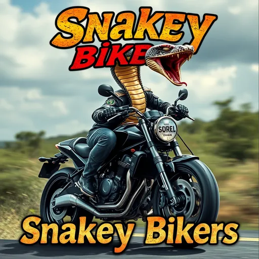 Prompt: a realistic angry cobra snake riding a sports motorcycle and the words snakey bikers, album cover,