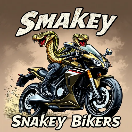 Prompt: a realistic angry cobra snake riding a sports motorcycle and the words snakey bikers, album cover,