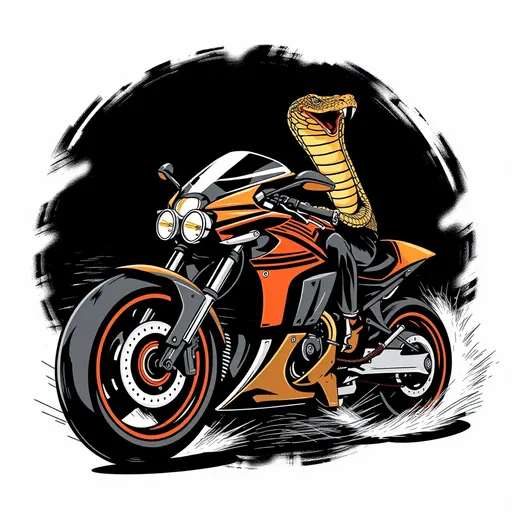 Prompt: a cobra snake riding a sports motorcycle fast, album cover,