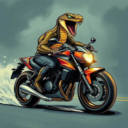 Prompt: a muscle bound cobra snake riding a sports motorcycle fast, album cover,