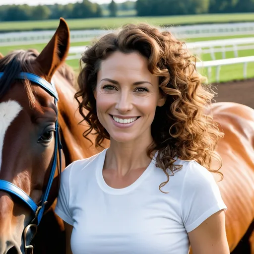 Prompt: film photo of a slim 40 year old woman, with brown curly hair, wearing a white small tight tshirt and small blue farmer short, smiling, (pretty face: 1.2), (cute face: 1.1), dynamic pose, bottom focus, standing on a horse racetrack, with a brown horse behind her, horse head on the woman's shoulder, with people standing in the background, shallow depth of field, soft lighting, high quality, fit, flat stomach, thin, small waist,