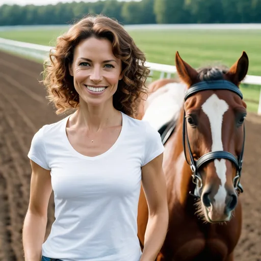 Prompt: film photo of a slim 40 year old woman, with brown curly hair, wearing a white small tight tshirt and small blue farmer short, smiling, (pretty face: 1.2), (cute face: 1.1), dynamic pose, bottom focus, standing on a horse racetrack, with a brown horse behind her, horse head on the woman's shoulder, with people standing in the background, shallow depth of field, soft lighting, high quality, fit, flat stomach, thin, small waist,