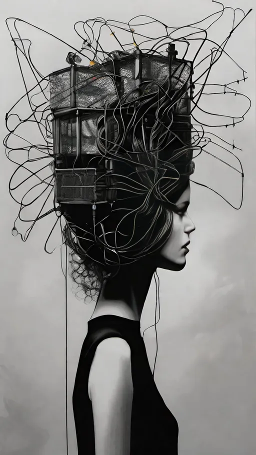 Prompt: a woman with a bunch of wires on her head and wires all over her head, and wires all over her head, Dan Hillier, shock art, biopunk, cyberpunk art