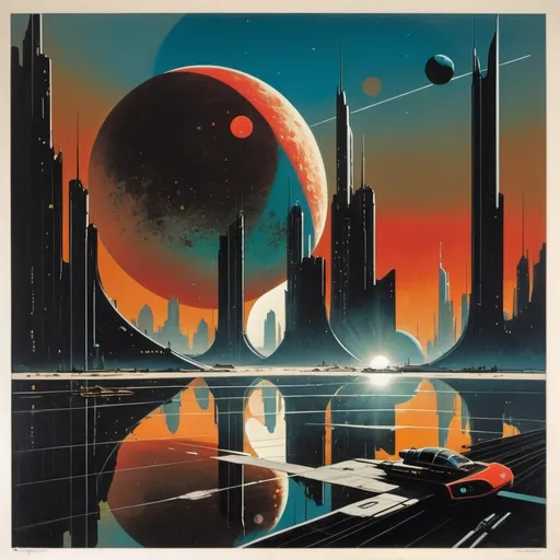 Prompt: a painting of a futuristic city with a giant sun in the background and a distant planet in the foreground, Christopher Balaskas, space art, syd mead. rich colors, an art deco painting