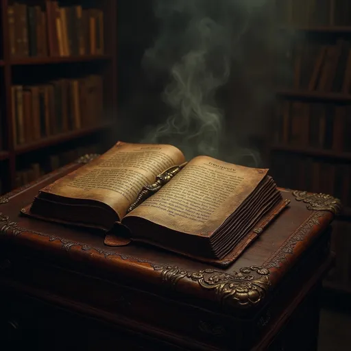 Prompt: Cursed artifact in a dark library, Lovecraftian horror style, ancient books, ominous aura