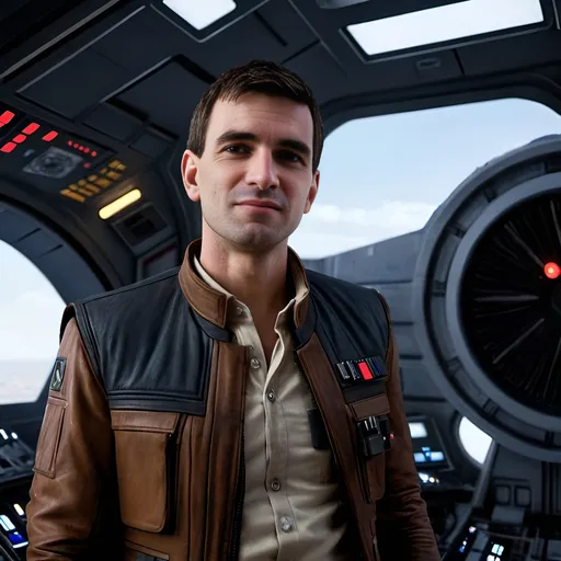 Prompt: (photorealistic), young and handsome Han Solo as a space commander, onboard the Millennium Falcon bridge, accompanied by R2D2 dynamic space atmosphere, vibrant starfield background, captivating galactic visuals, detailed spacecraft controls, adventurous mood, HD, ultra-detailed, cinematic lighting, sense of camaraderie and exploration.