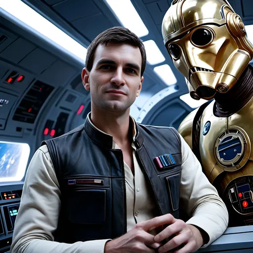 Prompt: (photorealistic), young and handsome Han Solo as a space commander, onboard the Millennium Falcon bridge, accompanied by R2D2, C3PO, dynamic space atmosphere, vibrant starfield background, captivating galactic visuals, detailed spacecraft controls, adventurous mood, HD, ultra-detailed, cinematic lighting, sense of camaraderie and exploration.