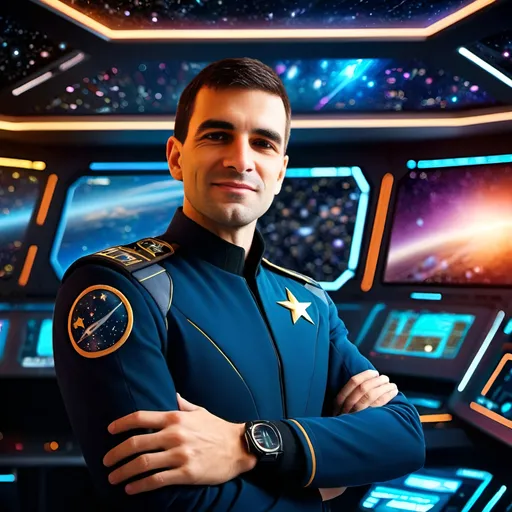 Prompt: (young and handsome starship captain hugging smiling ET), command bridge of a starship, (starfield background), vibrant cosmic colors, warm and joyful ambiance, (highly detailed), futuristic technology, glowing control panels, starry lights twinkling, (elated expressions), (dynamic space theme), sleek starship design, ultra-detailed and immersive tableau.