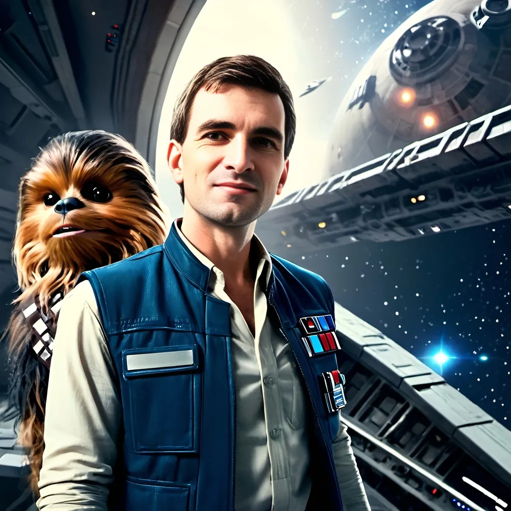 Prompt: a young and handsome Han Solo space commander is at the bridge of Millenium Falcon in company of Chewbacca, R2D2, and C3P0 flying through the starfield, asteroid field in the background, Star Wars, space atmosphere