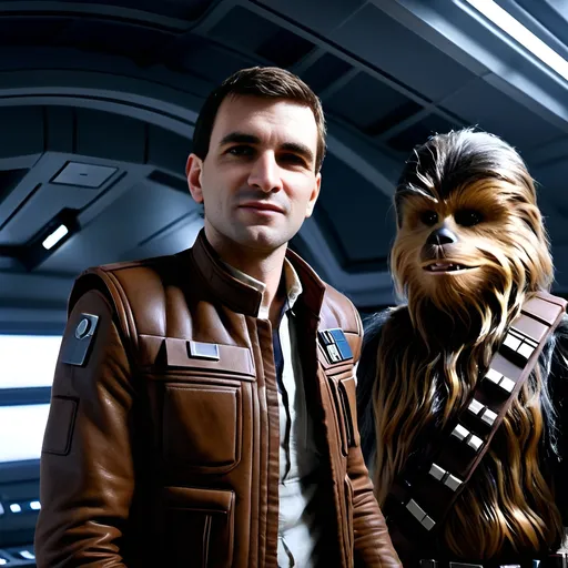 Prompt: (photorealistic), young and handsome Han Solo as a space commander, onboard the Millennium Falcon bridge, accompanied by Chewbacca, R2D2, C3PO, dynamic space atmosphere, vibrant starfield background, captivating galactic visuals, detailed spacecraft controls, adventurous mood, HD, ultra-detailed, cinematic lighting, sense of camaraderie and exploration.