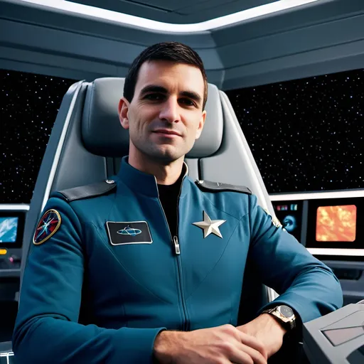 Prompt: (handsome young starship captain), seated confidently in the (command chair), surrounded by (starship officers), dynamic setting on the (main bridge of a Starship Enterprise), (starry background), glorious viewscreen displaying a vibrant (planet), conveying a joyful and inspiring atmosphere, highly detailed characters, (futuristic attire), bright and warm lighting, emphasis on camaraderie and teamwork, (4K ultra-detailed) cinematic quality.