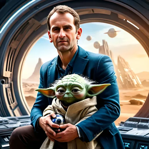 Prompt: (youthful and handsome man hugging Master Yoda), vibrant ambiance, (happy atmosphere), command bridge of the Millennium Falcon, R2-D2 beside, stunning planet and stars in the background, high-quality rendering, sci-fi elements, dynamic energy, light effects on faces, cinematic colors, joyful expressions, adventure in space, highly detailed.