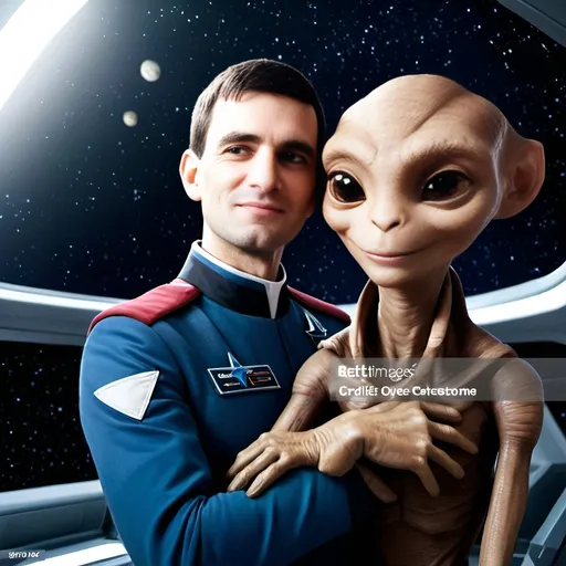 Prompt: a young and handsome starship captain is hugging the smiling ET the extraterrestrial at the command bridge of a starship with starfield in the backround, ET, space happy atmosphere