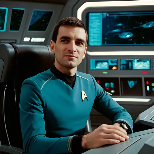 Prompt: a young and handsome starship captain is at the command chair of the main bridge of a Starship Enterprise, surrounded by starship officers, viewscreen in the background showing a planet, Star Trek, happy atmosphere