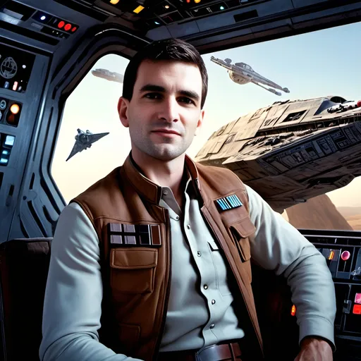 Prompt: a young and handsome Han Solo space commander is at the bridge of Millenium Falcon in company of Chewbacca, R2D2, and C3P0 flying through the starfield, starfield in the background, Star Wars, space atmosphere, photorealistic