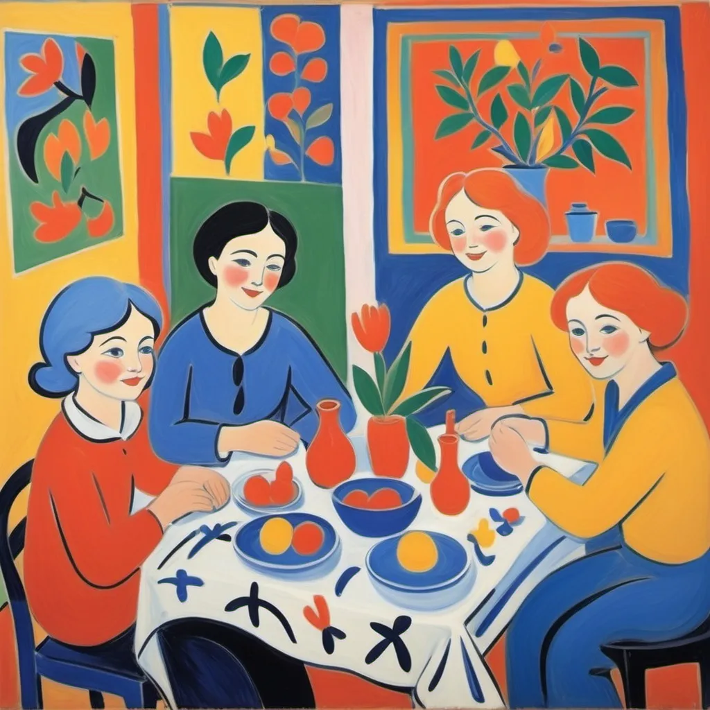 Prompt: Happiness an love and happy grown up children in  Matisse style