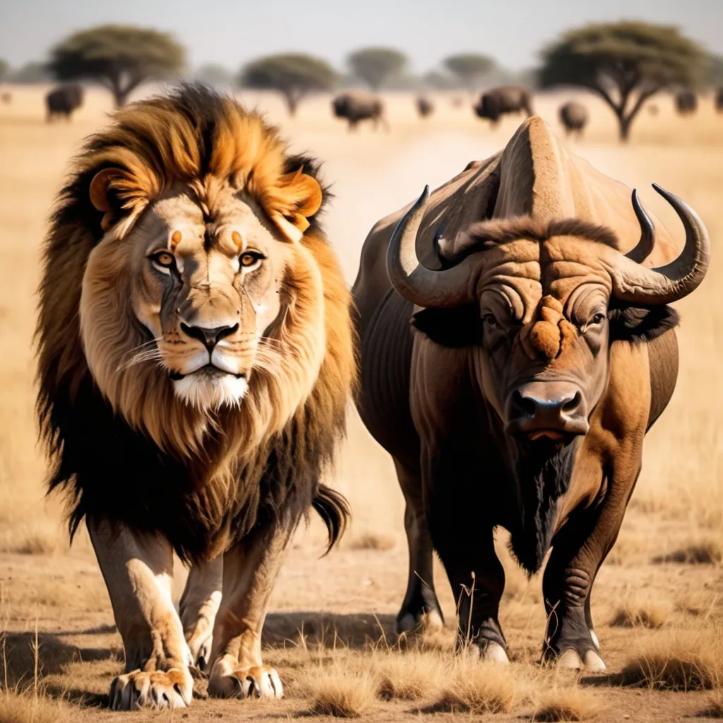 Prompt: create an image of a lion and a buffalo near the lion