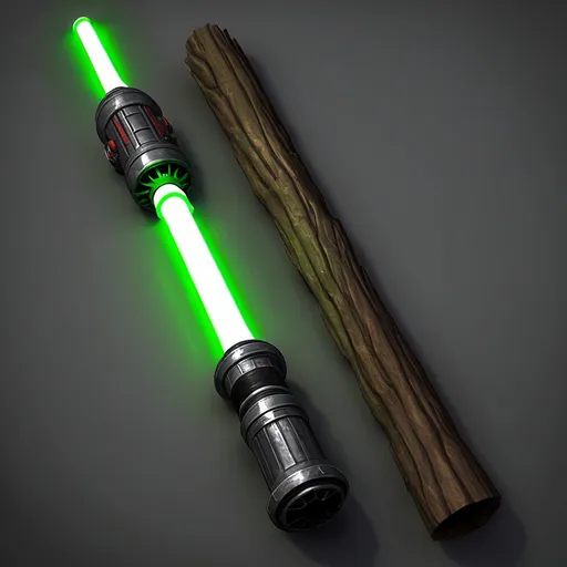 Prompt: Make a unique lightsaber hilt using nature elements  and have blade(s) out