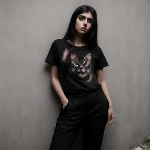 Prompt: <mymodel> a woman standing against a wall wearing a black shirt and pants with a cat on it's chest, Ayshia Taşkın, bengal school of art, vfx, a picture