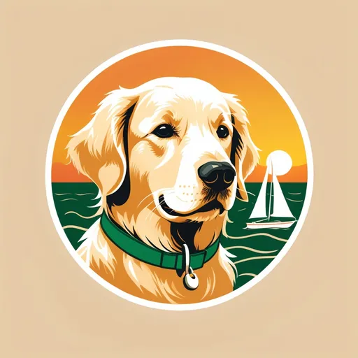 Prompt: Logo for lido 14 sailboat of a golden retriever with longer ears at sunset with green collar