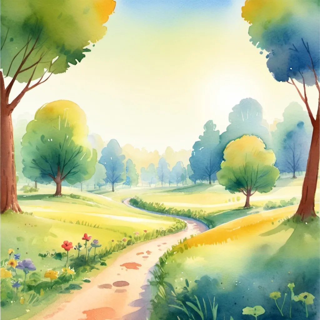 Prompt: whimsical dreamy watercolor illustration of park one sunny morning suitable for childrens book. no objects at the center of the page for text