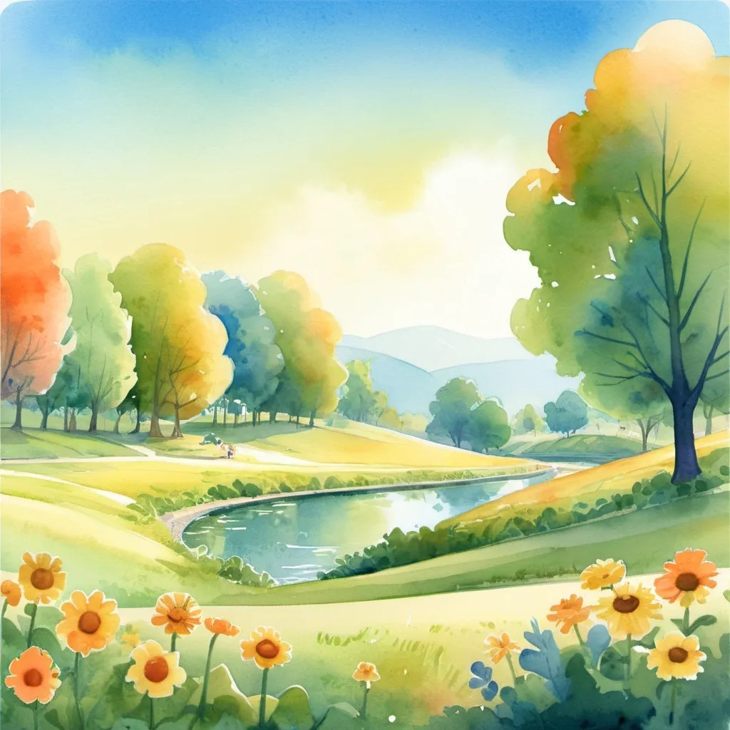 Prompt: whimsical dreamy watercolor illustration of park one sunny morning suitable as background for childrens book. objects are only allowed at the margins of the page